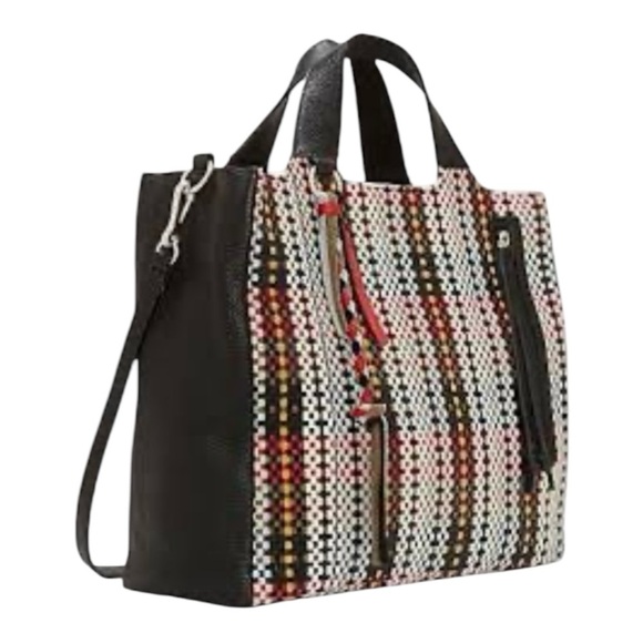 VINCE CAMUTO Caol Tote/Crossbody Black Pebble Leather Multi Color Woven Front - Picture 1 of 10